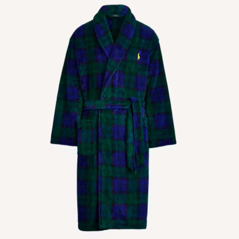 Polo Ralph Lauren microfibre robe tartan in navy and green size S/M